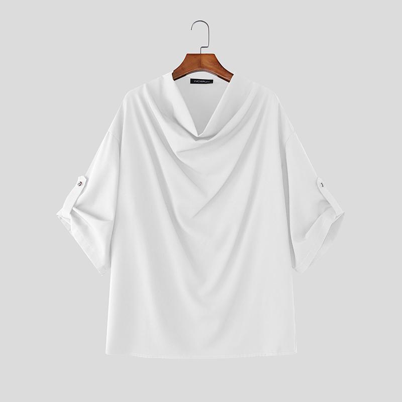 

INCERUN Весна Мужские Футболки с Отложным Воротником, Низким Вырезом, Длинным Рукавом, Повседневные, Свободного Кроя S белый