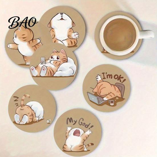 Unique Cat Themed Gifts Wooden Coasters, Decorative Heat Resistant Table Mats, Non-slip Cup Retro Pattern Coasters Insulation for Hot Drinks And Desk