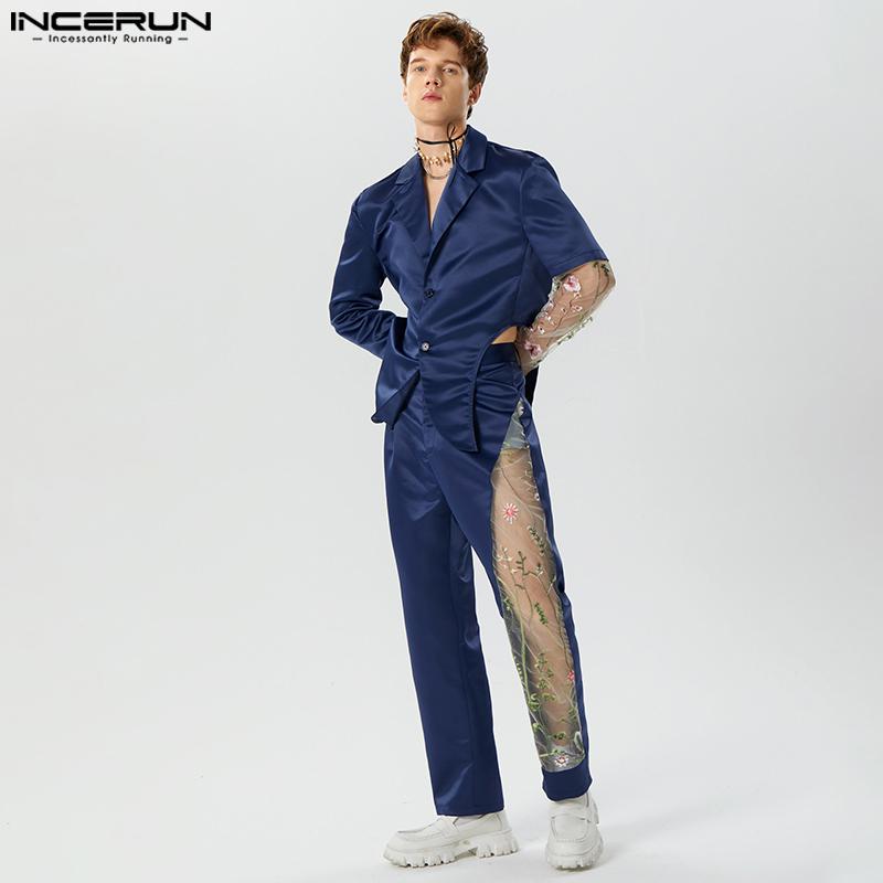 INCERUN Costum Două Piese Bărbați Dantela Broderie Cusături Cămăși de petrecere Pantaloni lungi