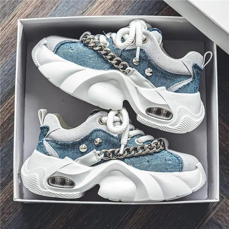 Fashion Men's Shoes  Autumn New Trendy Thick Soled Height Increasing Shoes Wear-resistant Metal Chain Tie Comfort Rivet Sneakers 2025