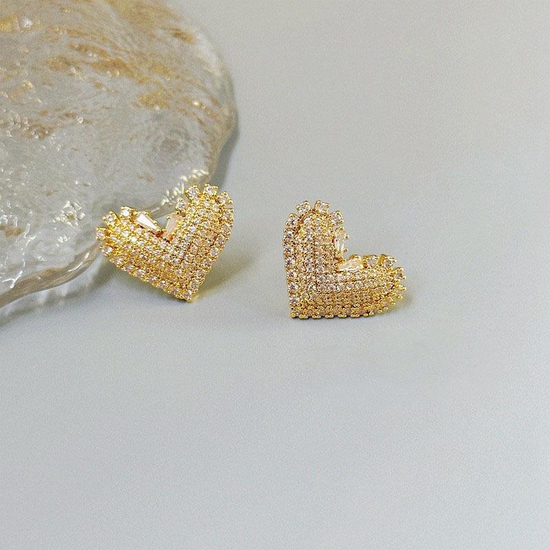 Sweet Temperament Dongdaemun Three-Dimensional Full Diamond Love Stud Earrings Light Luxury Women'S Earrings