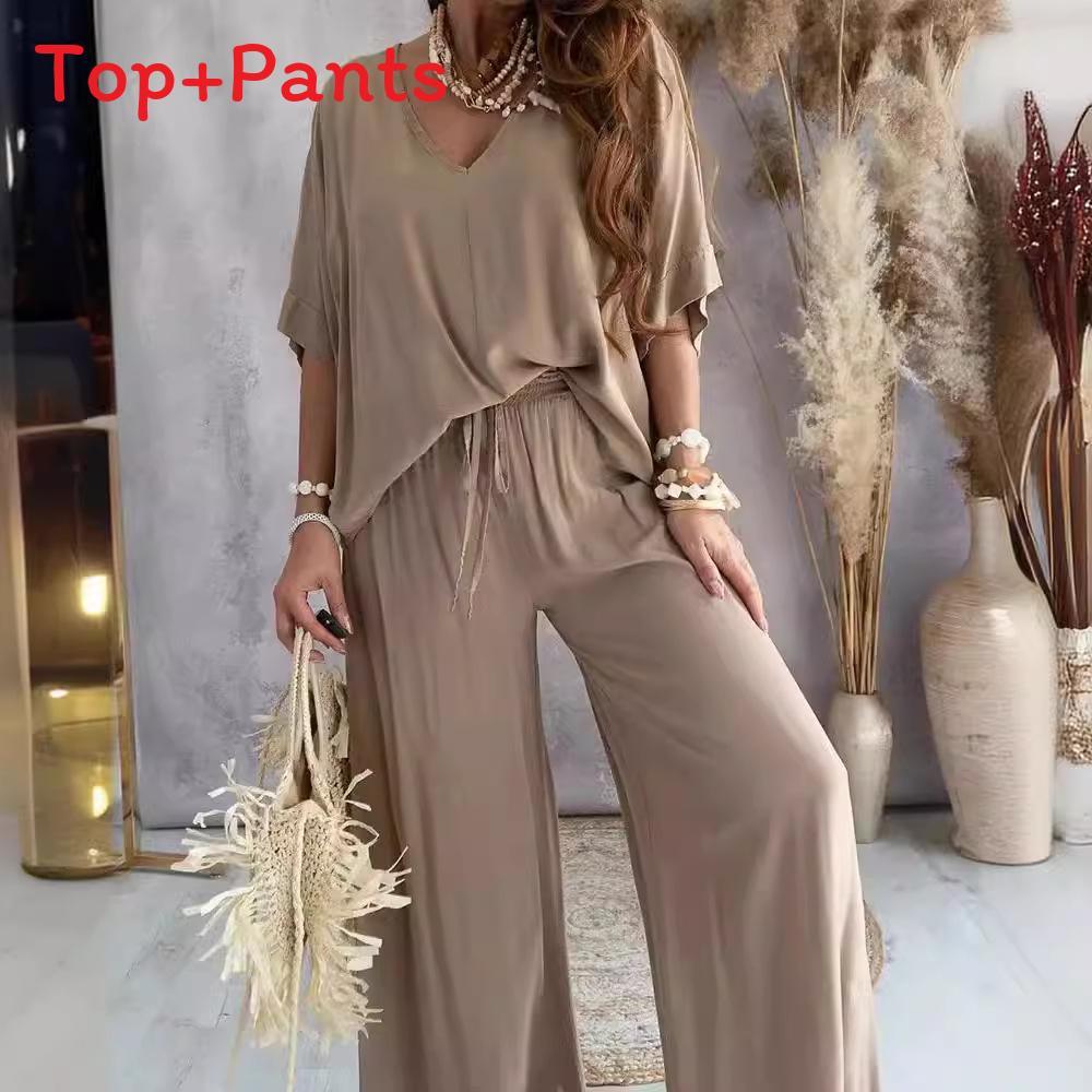 Relaxed Fit Womens V Neck Batwing Sleeve Pantsuit With Tie Detail For Casual Summer Wear