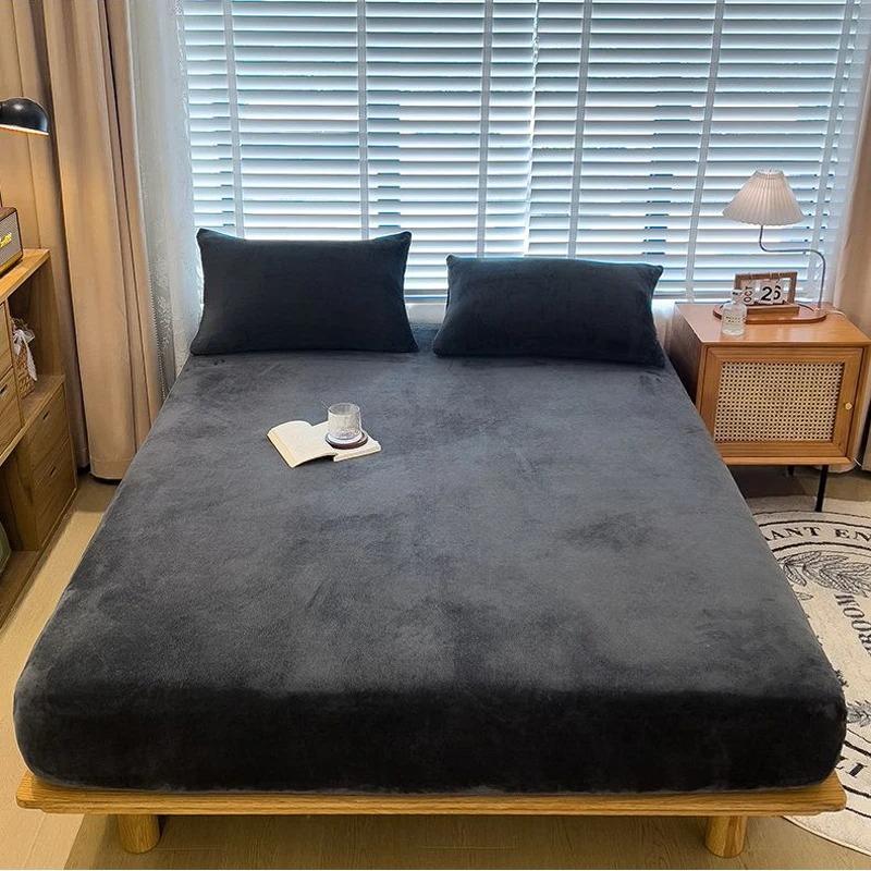 Warm Winter Velvet Fleece Fitted Sheet Elastic Mattress Cover Couple 2 Seater Bed Linens Luxury Double Bed Sheet