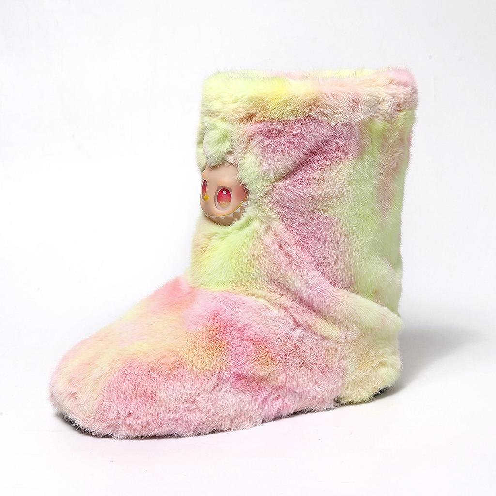 Women's Plush Boots Furry Fur Winter Ankle Boots With Faux Fur Lined for Women Warm Fluffy Mid-Calf Snow Boot Indoor Outdoot Booties House Shoes