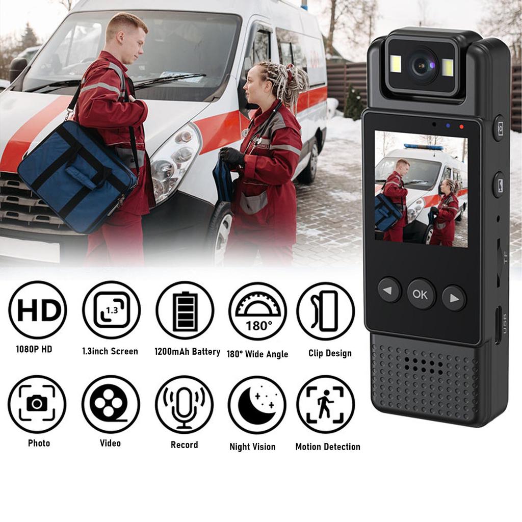Body Video Recorder Black 1080P Portable 180° Rotatable Lens 1.3 Inch LCD Screen Supports Back Clip