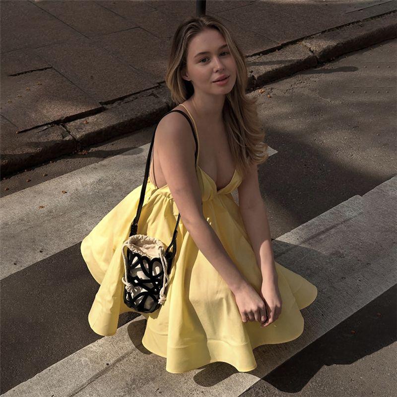 

# Sisjuly# Парижская иллюстрация Элегантный силуэт OOTD Легкий танец Балет Рюши Открытая спина Платье-слинг Женское Yellow L