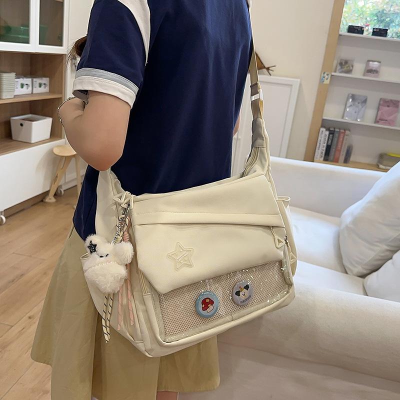 Yiran Ring Women's Black/White/Blue Crossbody Bag Japanese Ins Large-Capacity Versatile Messenger Bag Solid Color Transparent Casual Single Shoulder Bag For