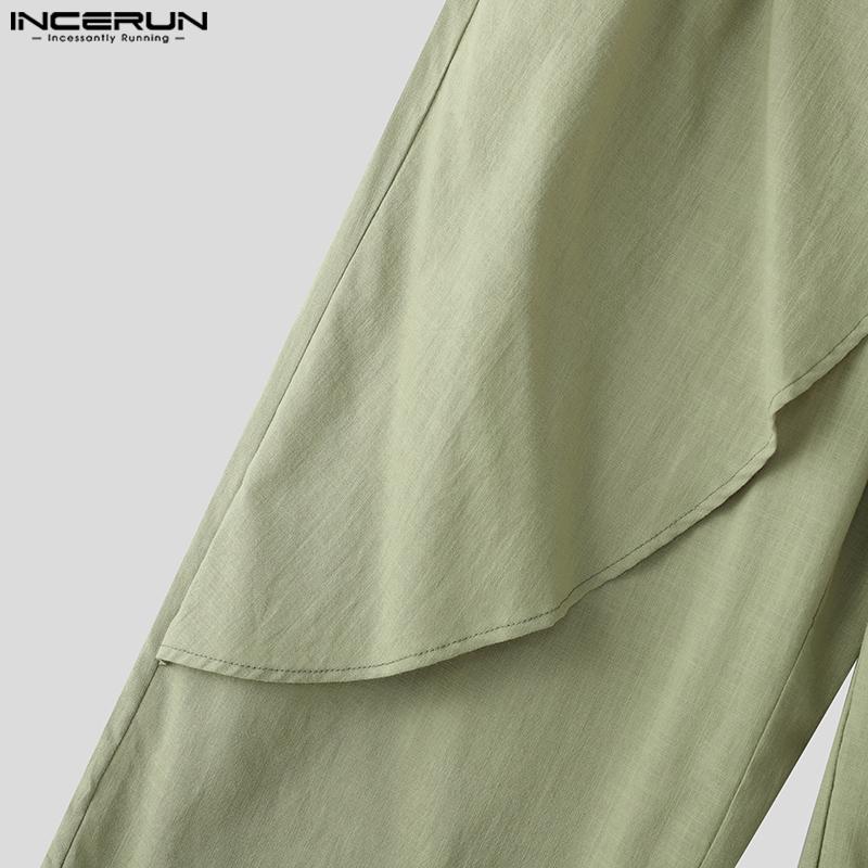 INCERUN Men Zip-Up High Waist Layers Long Trousers Casual Pants