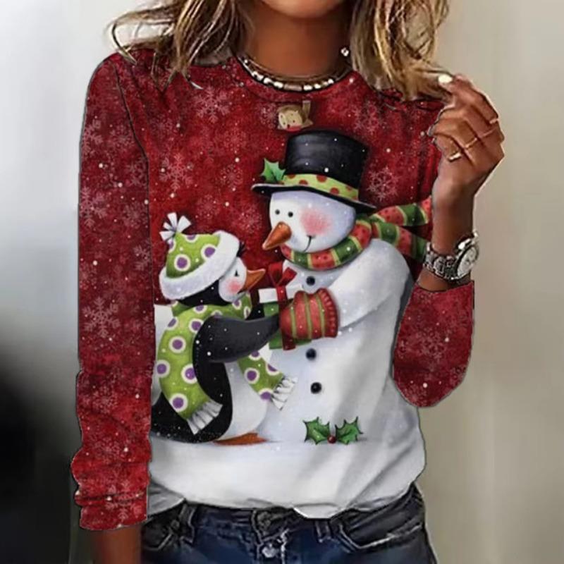 

Женская футболка с длинным рукавом, повседневная, праздничная, забавная, с 3D-принтом Санты, топы, новая мода 2024, рождественская одежда с изображением снеговика, свободного кроя XL