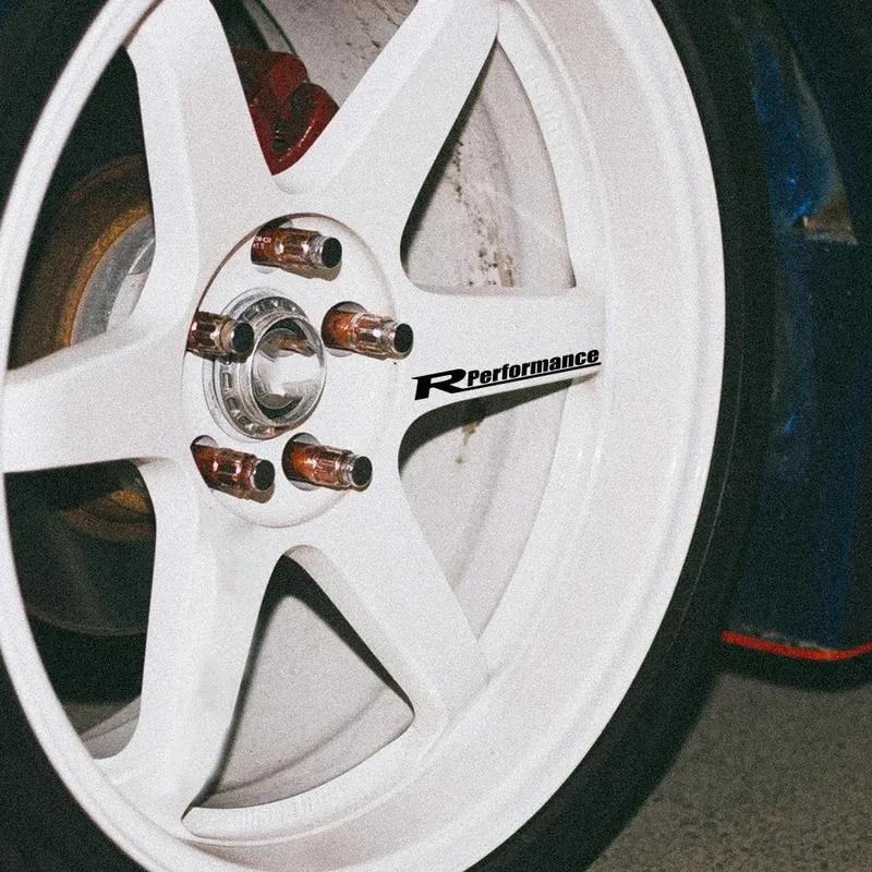 4Pcs R Performance Car Wheels Reflective Stickers Auto Rim Wheel Hub Body Racing Style Vinyl Film Decals Car Tuning Accessories