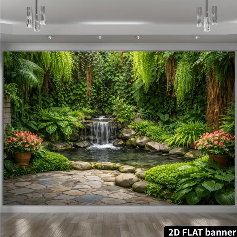 Zen Courtyard Banner with Ferns and Hanging Vines Photo Booth Background Cloth