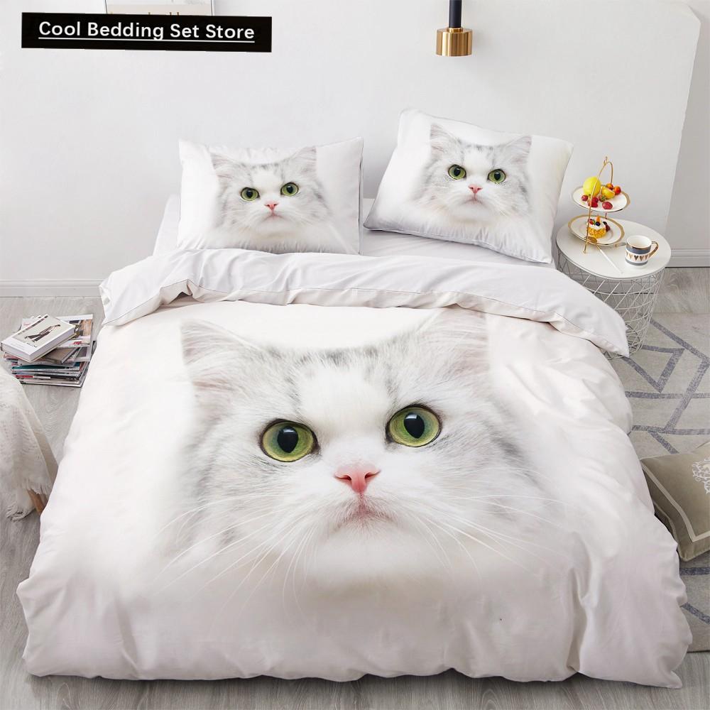 3D Cat King Queen Duvet Cover Lovely Grey White Kitty Bedding Set for Kids Teens Adults Scottish Fold Soft 2/3pcs Quilt Cover