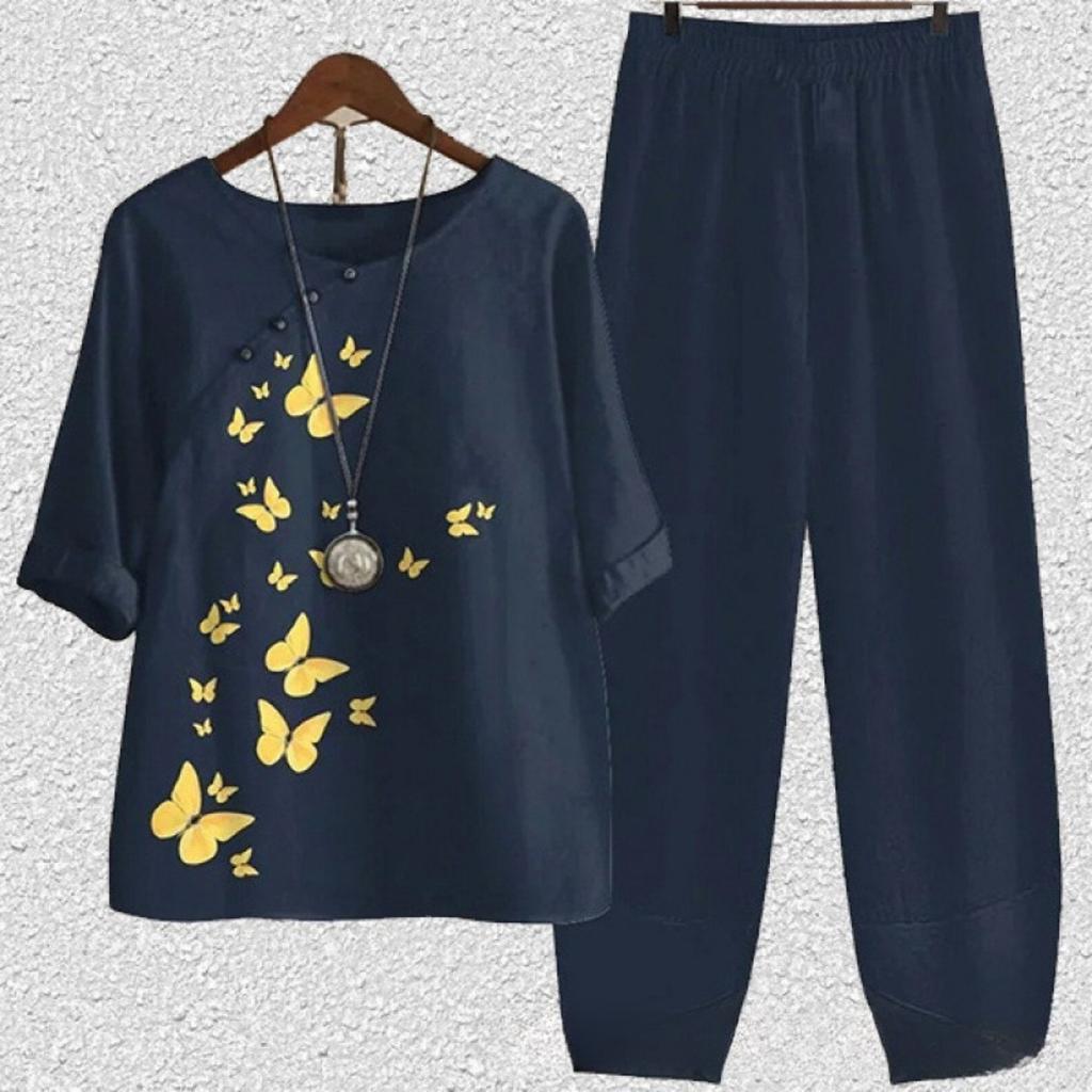 Women's Loose Fit Floral Printed Two Piece Outfit Half Sleeve T-Shirt Elastic Waist Pantsuit
