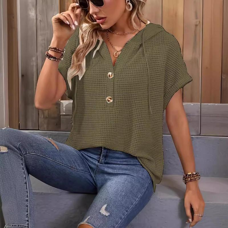 

JKASHDK Женская мода повседневная летняя весна однотонная принтованная блузка с коротким рукавом и капюшоном и рубашками XL оливковый