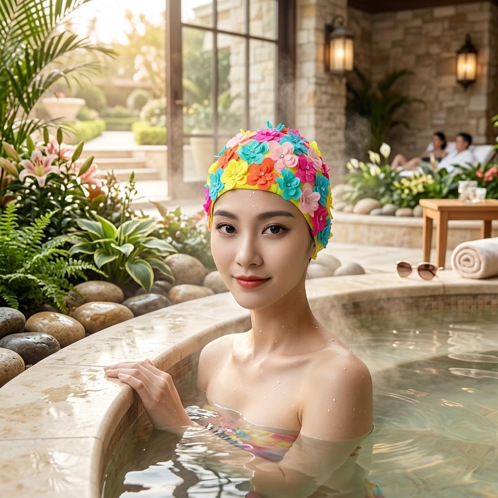 Women Diamond-Pattern Swim Cap Hand-made 3D Sewing for Hot Spring Swimming