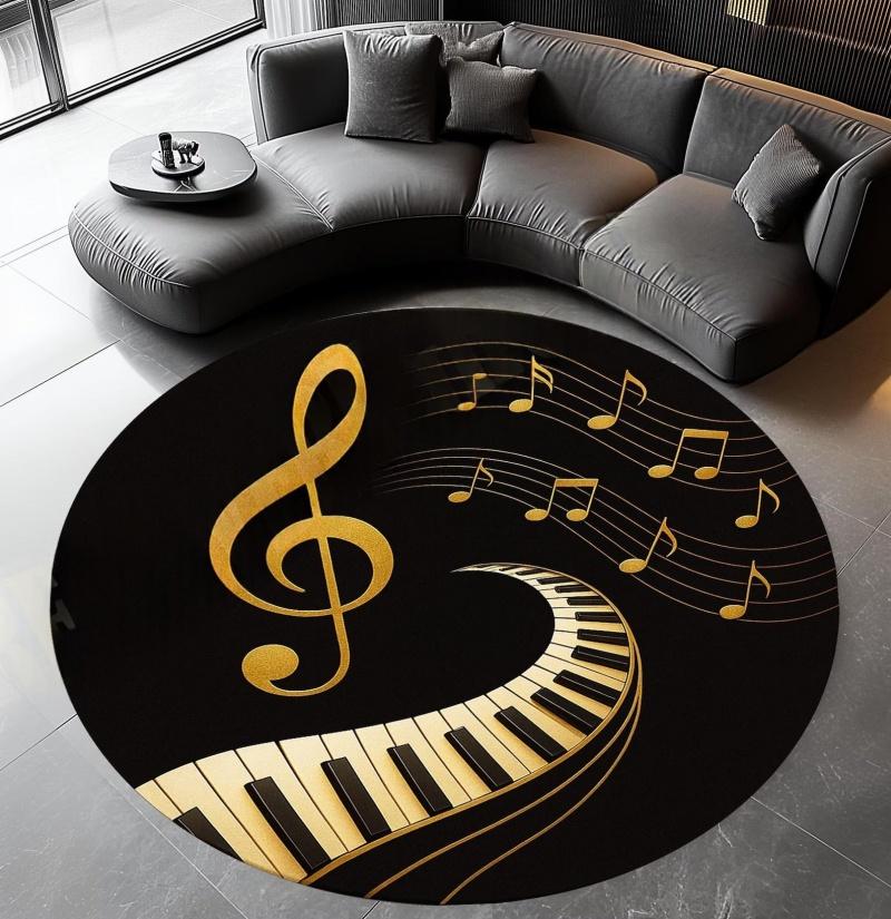 Round Black Gold Treble Clef Piano Key Musical Note Non Slip Floor Rug Music Studio Teacher Washable Indoor Living Room Bedroom Area Carpet