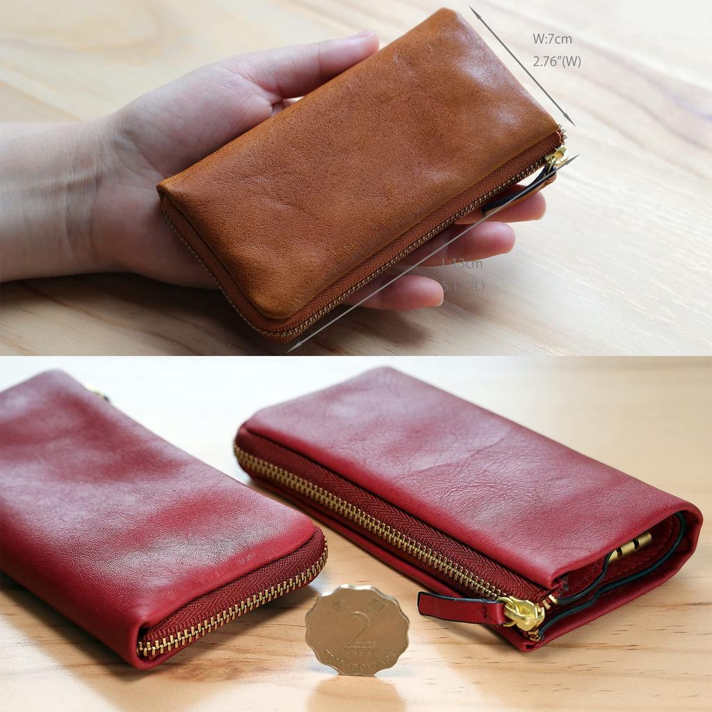[IJUN] Vintage Key Case with Card Slots and Zipper, Handmade from Vegetable-Tanned Leather
