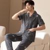 Men's Summer Cotton Pajama Set: Short Sleeve, Long Pants, Plus Size, Loose, Casual, Thin Cardigan Homewear.