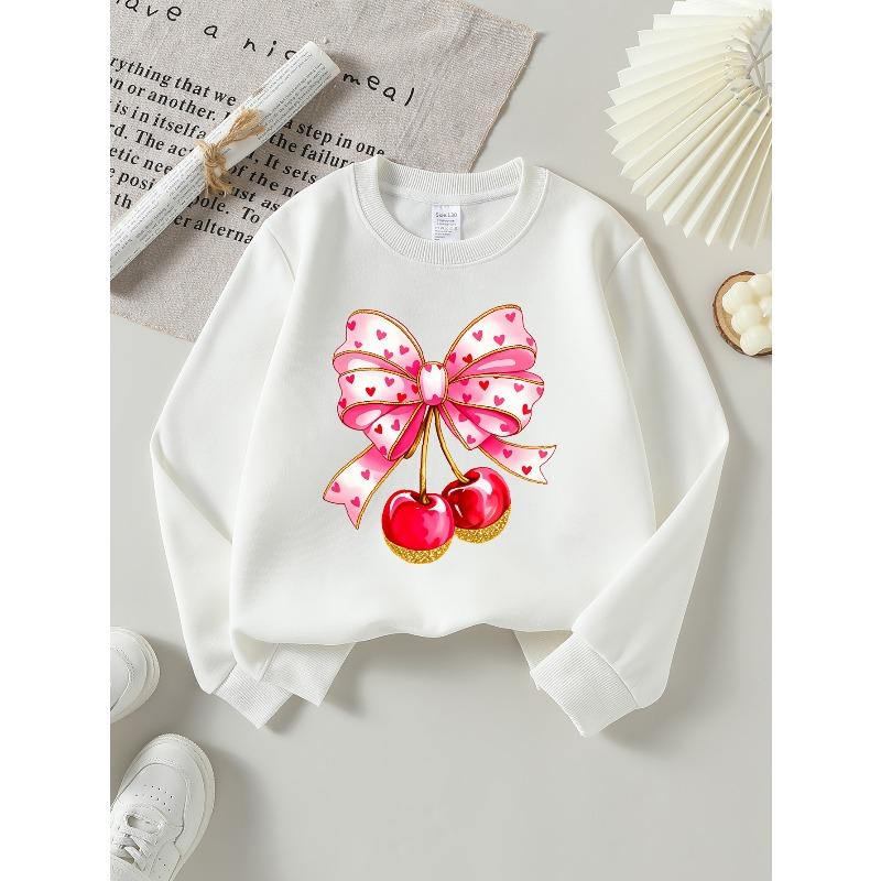 Girls Crew Neck SweatshirtPink Heart Bow with Cherries, Soft Cozy Pullover, Warm Casual Outfit for Autumn & Winter