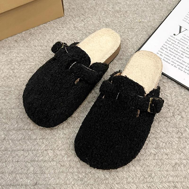 Winter fluffy slippers women's 2024 new one-pedal lazy drag niche design sense fashionable and comfortable velvet cotton drag