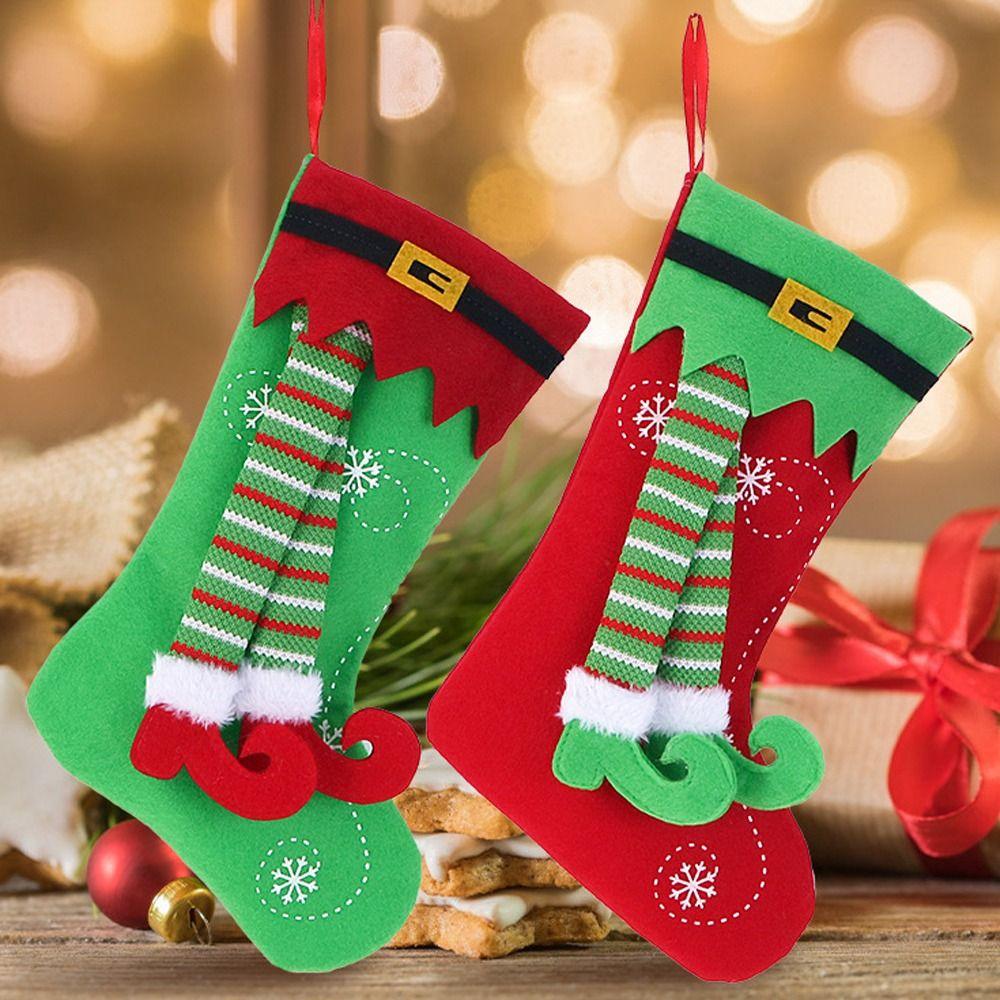 

Christmas Decor Hanging Pendant Christmas Socks Kids Candy Package Elf Legs Green Red Gift Bag