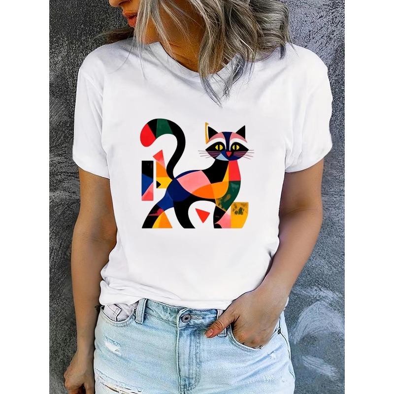 Women's Summer Short-Sleeve Printed T-Shirts, Fashionable and Casual, Machine-Washable Comfortable Fit 2D Flat Printing, 2D Flat