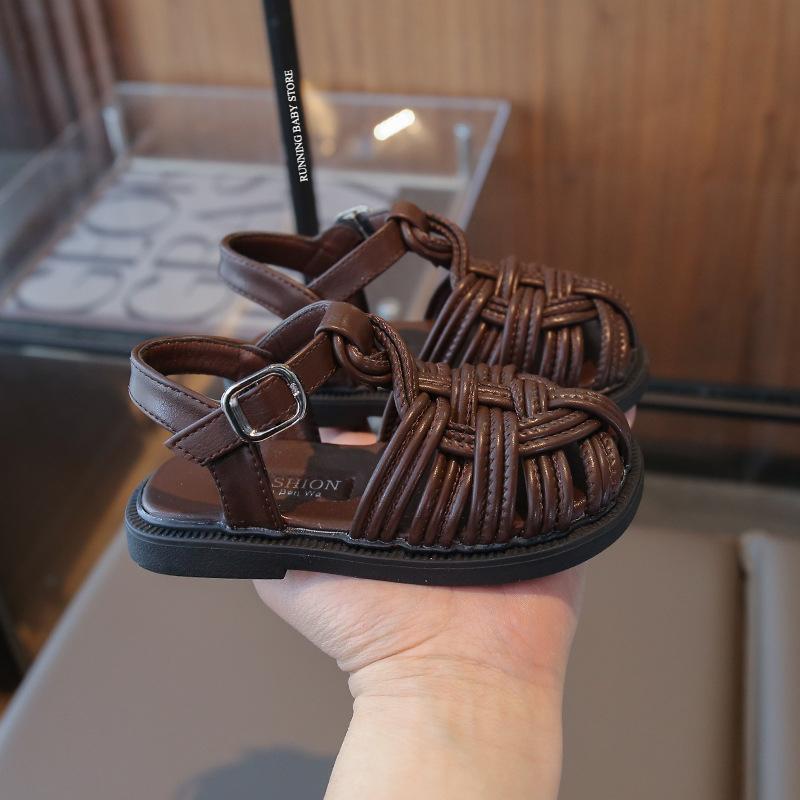 

Vintage Soft Closed Toe Sandals for Kids Girls Luxury Braided Sandals Summer Beach Shoes Weave Soft Leather Footwear I03303 22 коричневый