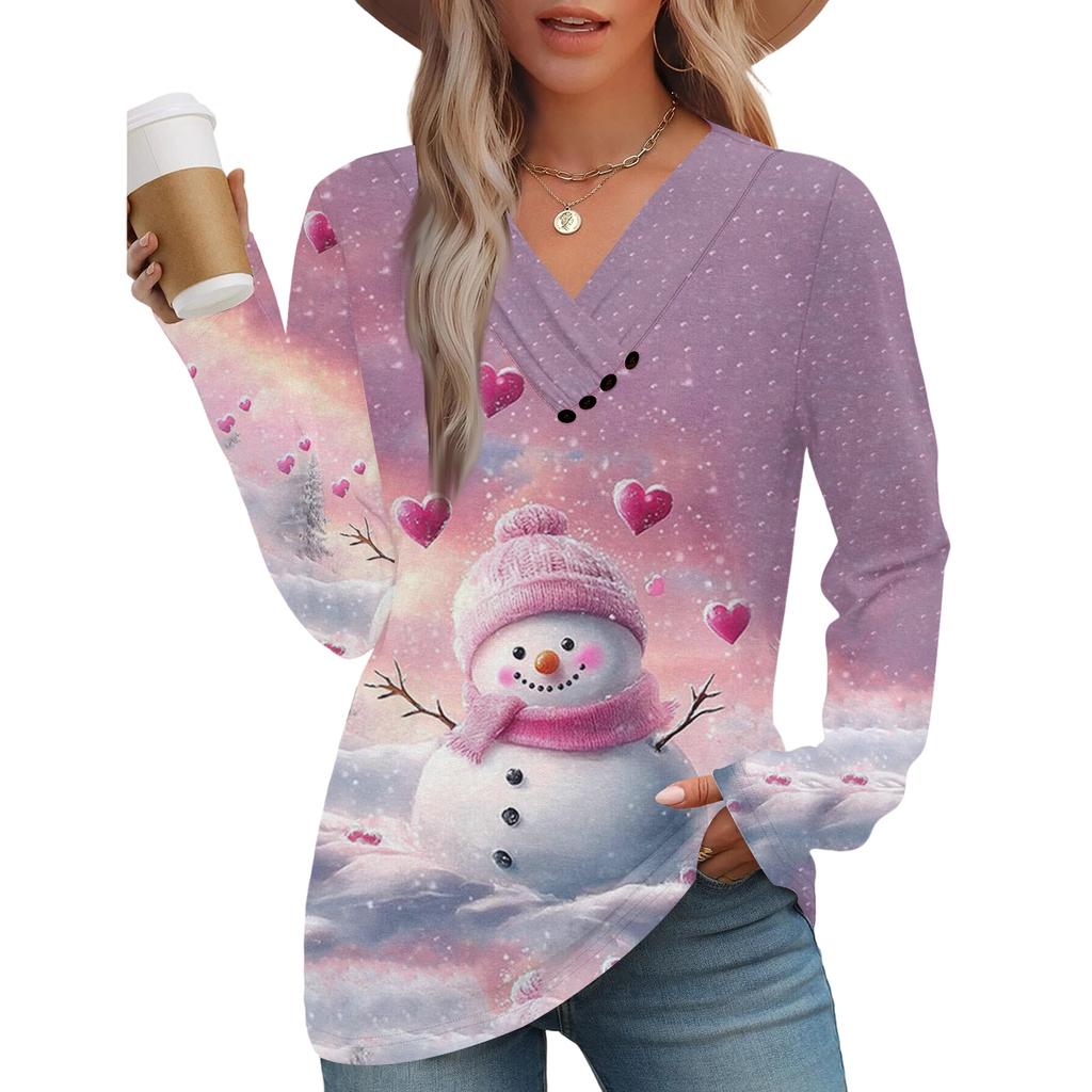 Dámský módní ležérní top s véčkovým výstřihem, plisovaný, vánoční, s dlouhým rukávem