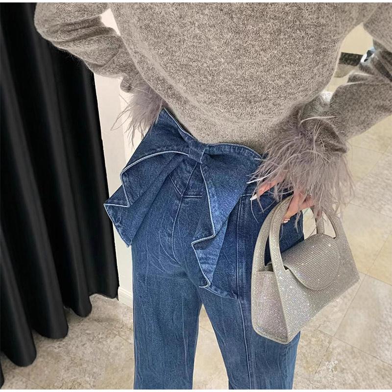Trendy Women's Fashion Back Bow Design Jeans High Waisted Straight Leg Denim Pants 2025 Spring New Arrival Female Solid Color Jean