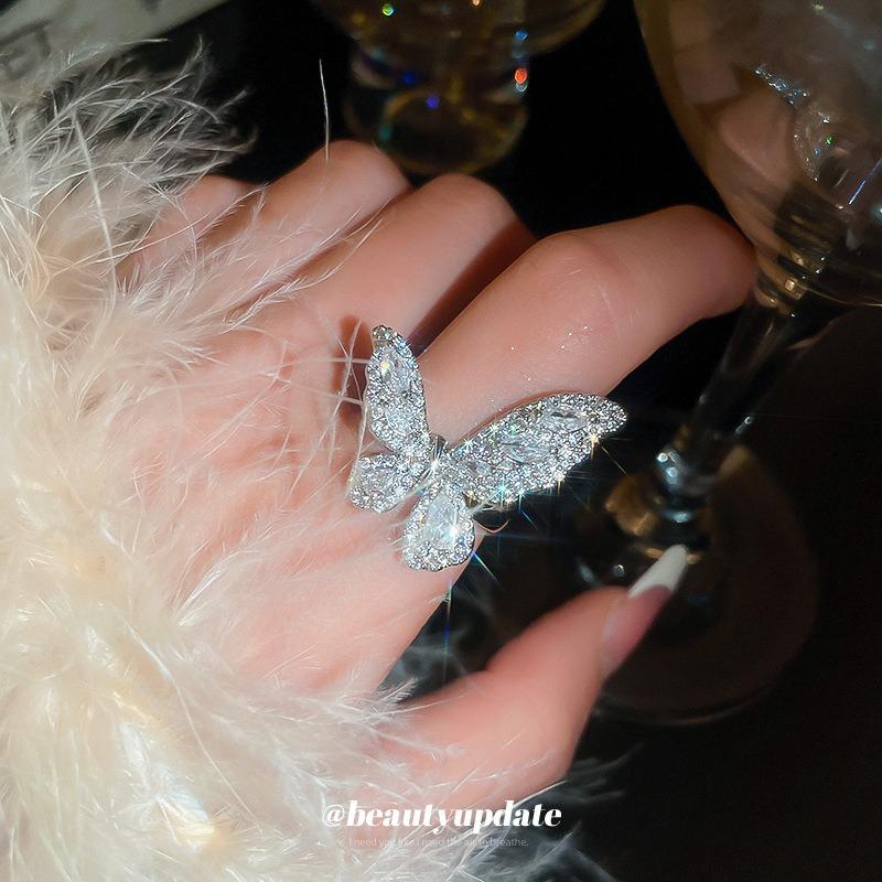 Zircon Butterfly Open Ring Super Immortal Temperament Light Luxury Index Finger Ring Mori Sweet Girl High-end Ring Jewelry