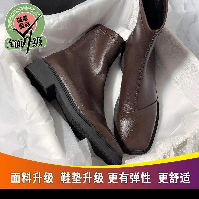 2025 autumn and winter new flat-bottomed square-headed thick-heeled elastic boots simple and versatile fashion French thin short boots women