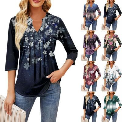 Women's Seven-quarter Sleeve Tops Casual V-neck Chest Ruffles Printing Loose T-shirt Tops