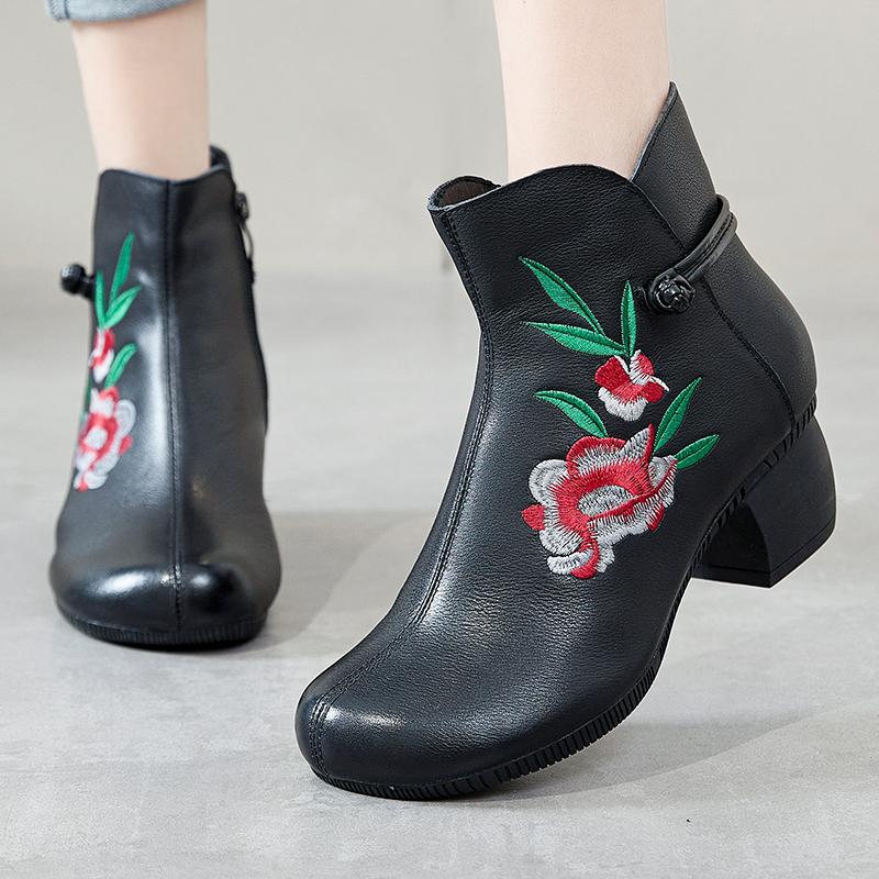 Fashion GKTINOO Floral Ankle Boots For Women Autumn Winter Genuine Leather Women's Boots Retro Handmade Comforable Shoes High Heels