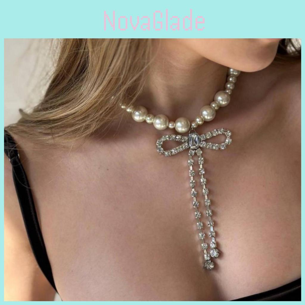 Pearl Choker Necklace For Women With Butterfly Bow Pendant And Silver Plating