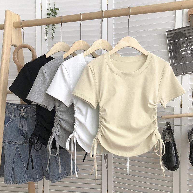 

2025 Summer Korean Style Women s Slimming Drawstring Waist T-Shirt S