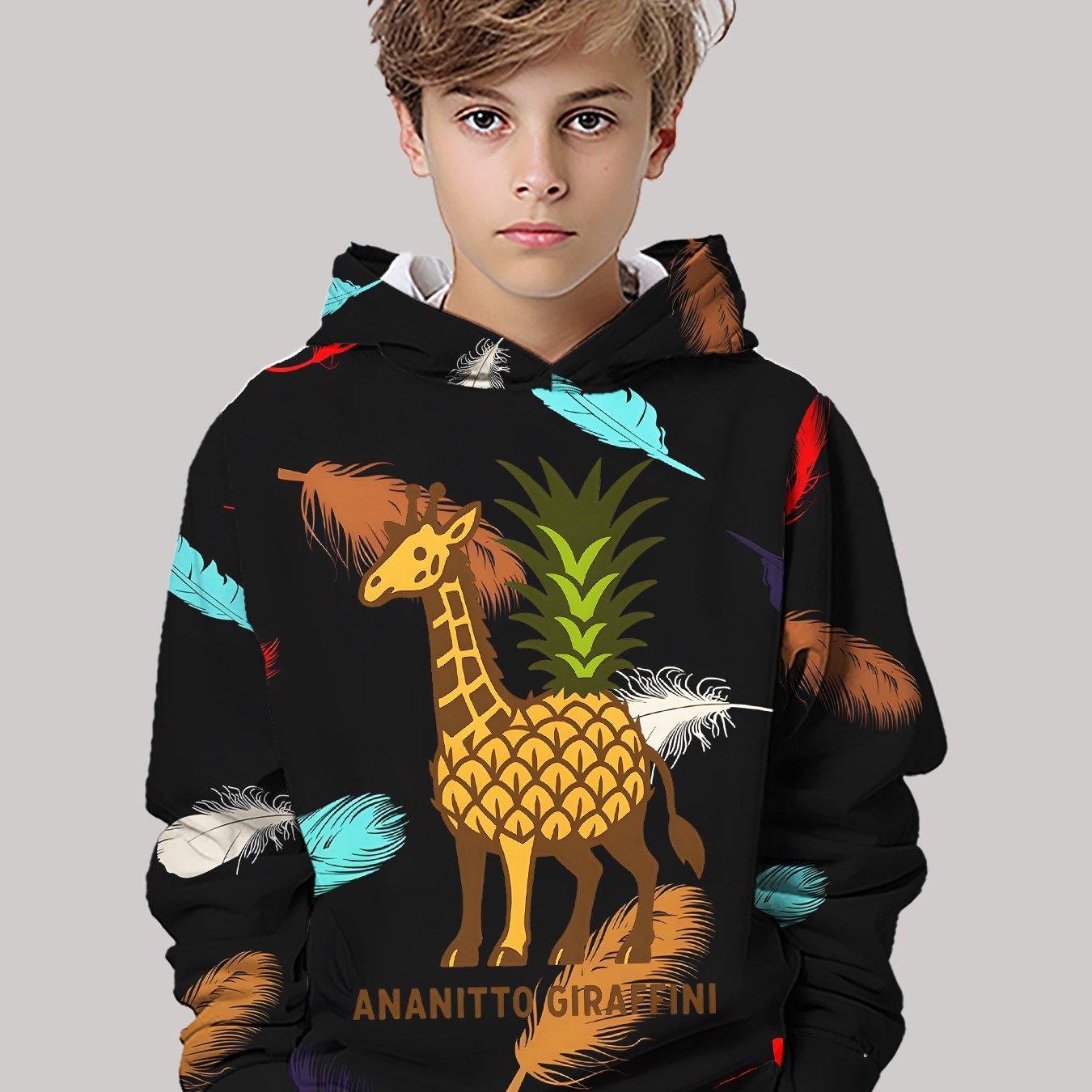 

Boys Hoodie - Long Sleeve Pineapple Giraffe Pattern Black Bottom Hoodie, Essential for Daily and Birthday Dress - Machine Washable Polyeste 13-14Y