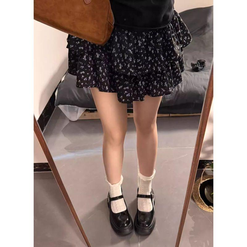 

Women clothes Summer New Plus size Chubby Girl Slimming Belly Covering Pear-Shaped Figure Black Print T-shirt + Floral Short dress Women Skirt L