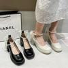 White Pearl Thick Heel Mary Jane Single Shoes Women's Waterproof Table 2025 Summer New French Retro with Skirt High Heels