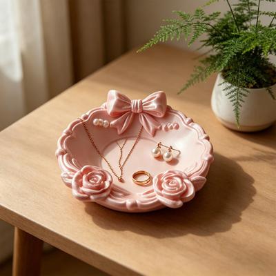 3D Printed Jewelry Tray Small Round Ring Holder Dish with Bow for Women Girls Floral Trinket Bowl Jewelry Organizer for Vanity Dresser Decor