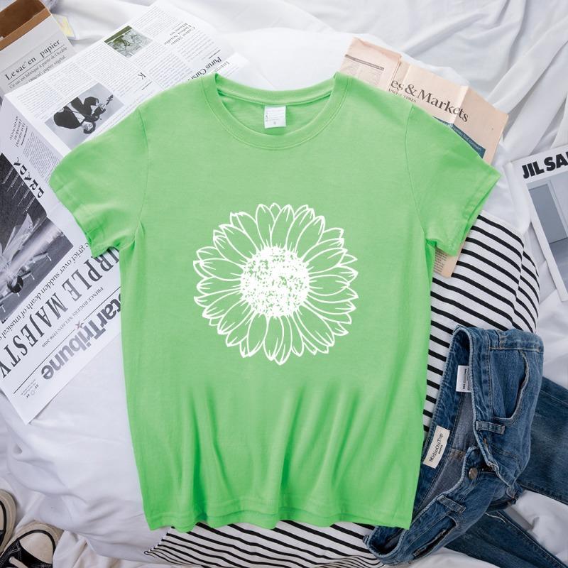 Spring Women's Simple Monochrome Sunflower Pattern Printed Pullover Loose Round Neck Pure Cotton Short Sleeved T-Shirts Women’s