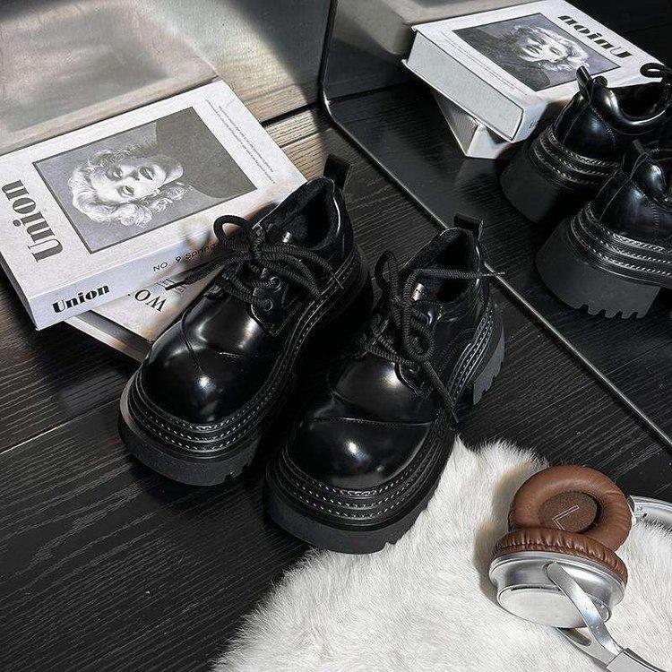 European muffin platform big head small leather shoes women's British style round head lace-up derby shoes small height-increasing loafers