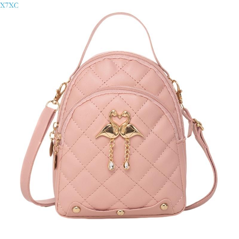 X7XC Modern PU Backpack with Intricate Embroidery Shoulder Bag Small Rucksack Daypack розовый
