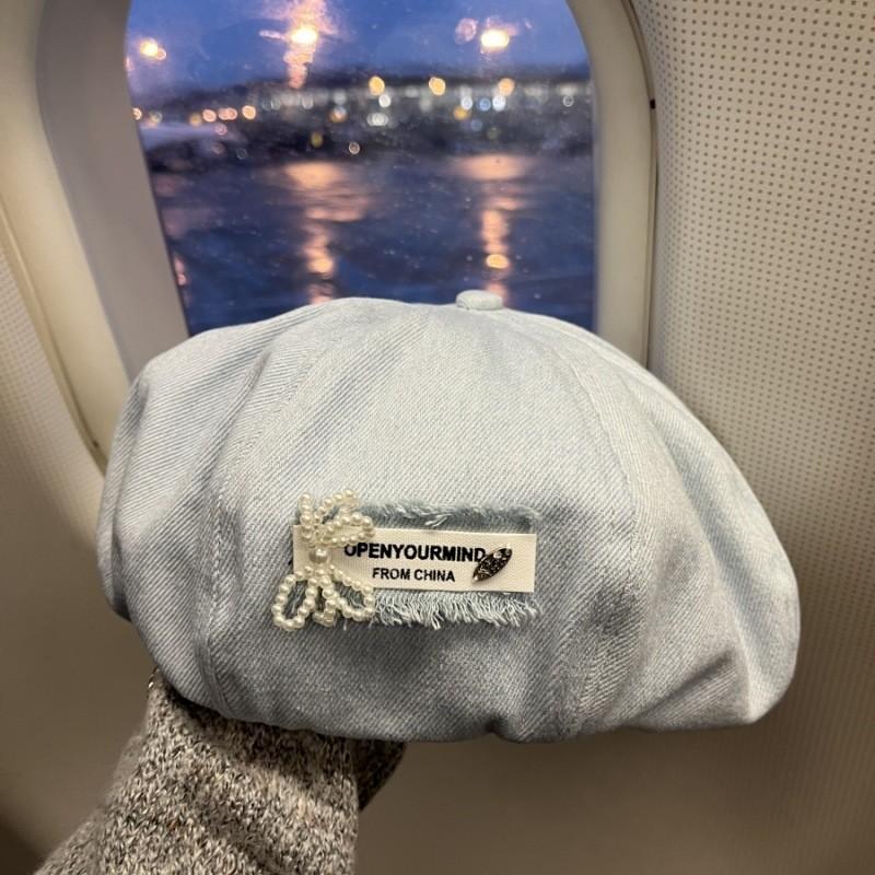 Ins Style Denim Beret Hat With Pearl Embellishments Cute And Stylish Headwear For Women