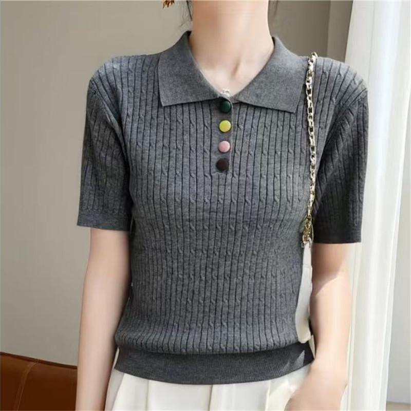 Loose large board twist rope twist polo lapel knitted sweater t-shirt women's summer thin thin short waist