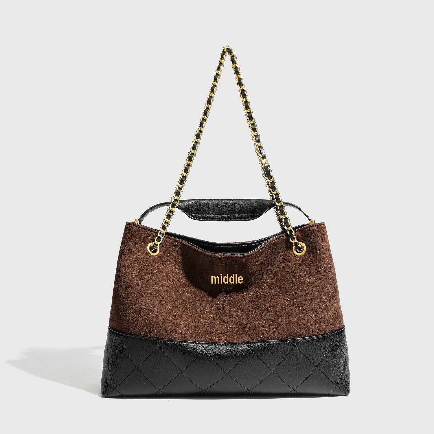 Винтажная сумка-тоут из оленьей кожи: Шикарная цепочка, Роскошная наплечная сумка, Вместительная сумка-тоут для поездок 35x13x25 cm кофейный