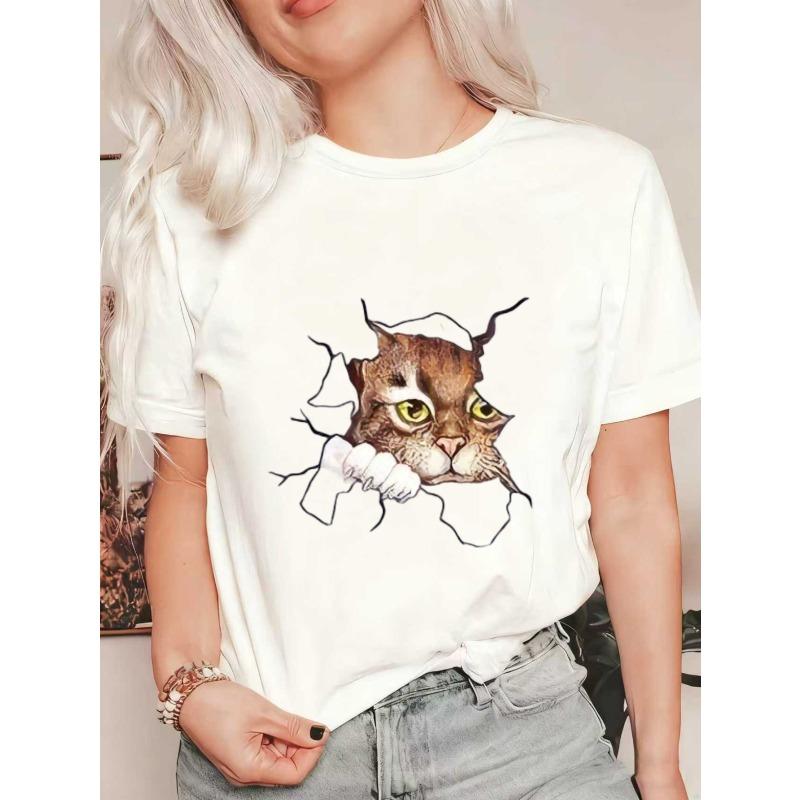 Oversized T Shirt Black Cat Face Breakthrough Print Casual Wear For Women Summer Streetwear Fashion Top