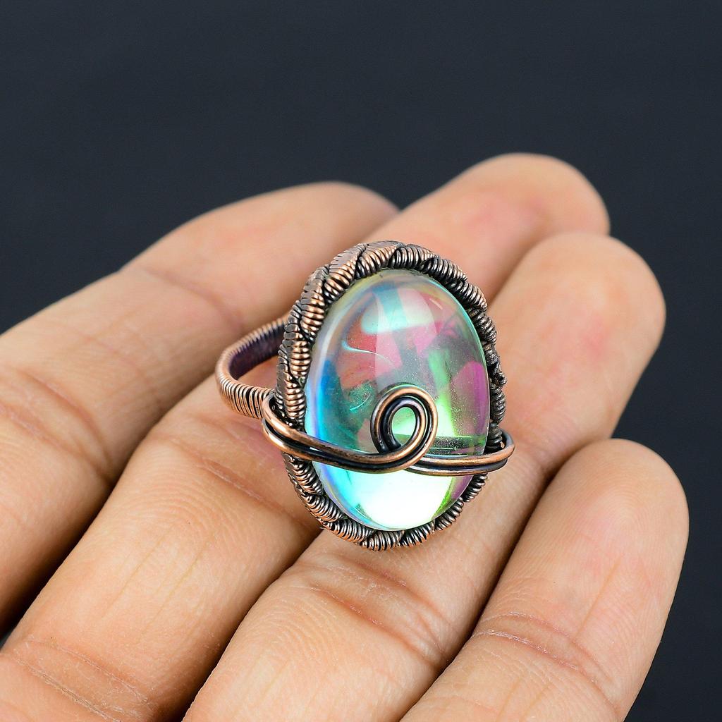 Mystic Topaz Gemstone Copper Wire Wrapped Handmade Jewelry Ring For Woman