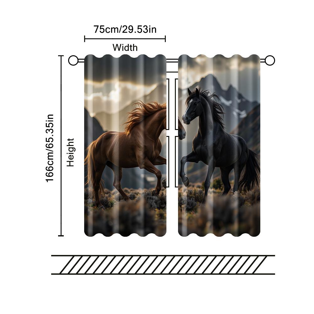 2 Pcs, Filtering Curtains (Excluding Rods, Non-Movable, Without Batteries) Horse, Mountain For Use In Bedrooms And Living Rooms