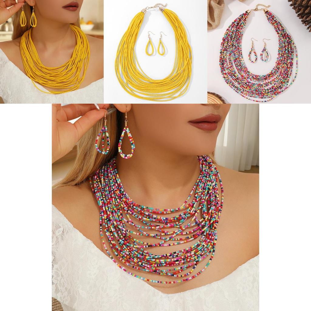 Geometric Glass Beaded Necklace And Earring Set For Women With Multi Layer Design For Fashion Accessories