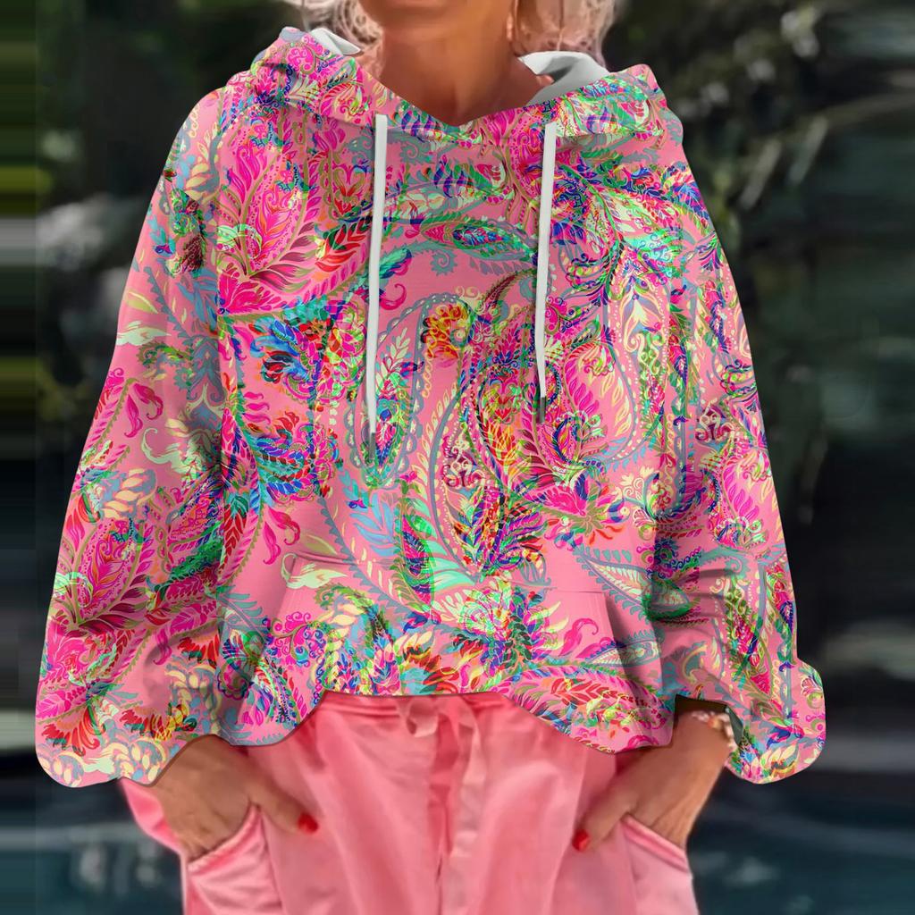 Women's Floral Print Loose Casual Long Sleeved Hooded Sweatshirt